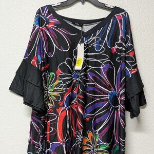 LILY Black and Indigo Floral V-Neck Tunic with Ruffle Sleeves - 4X